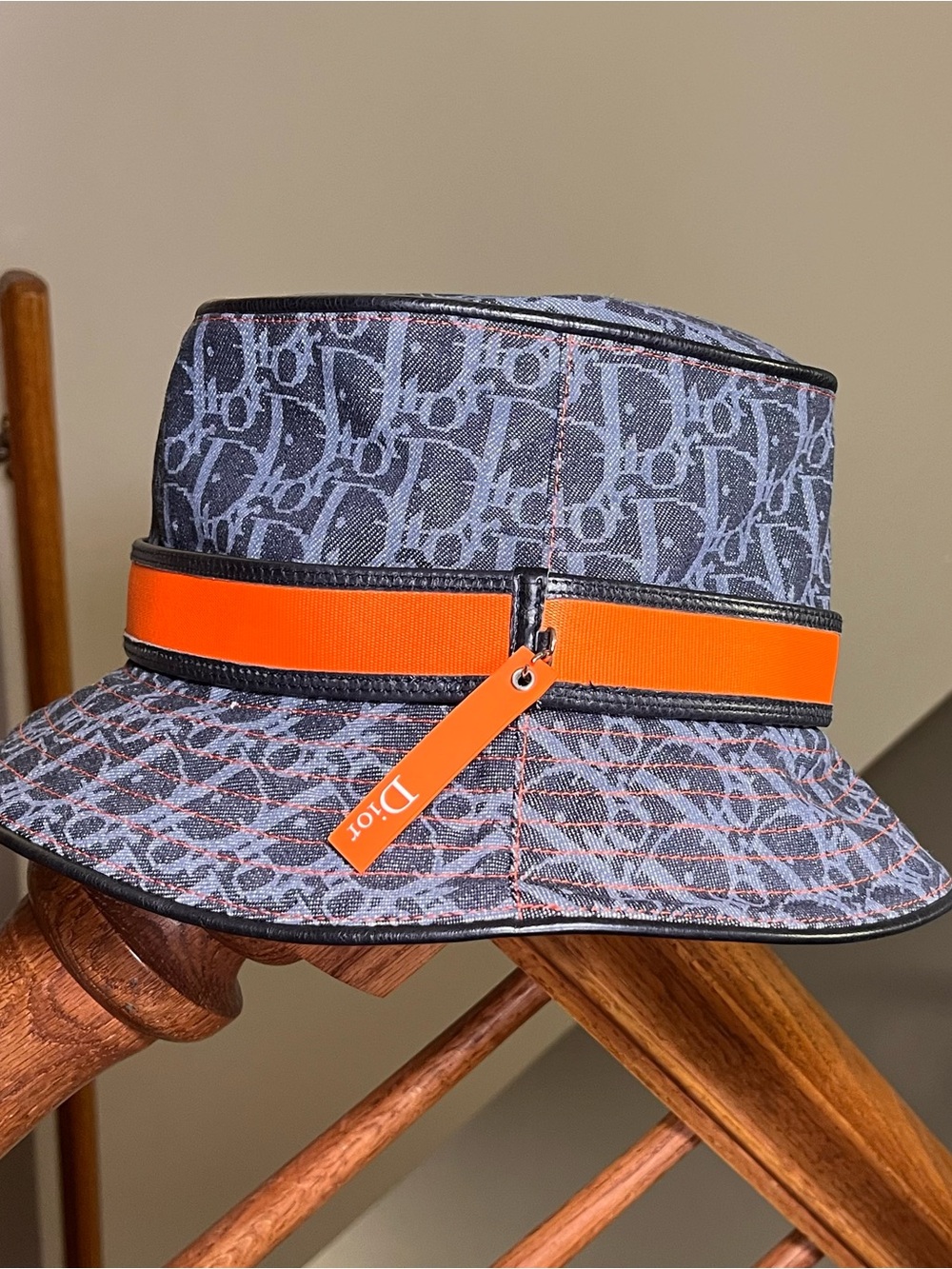 Vintage Christian Dior Denim Flight Line Bucket Bucket Hat Orange Trotter Size57